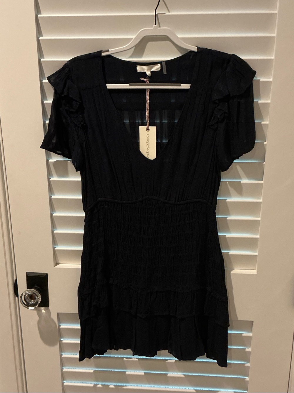 LoveShackFancy NWT Women’s Black V-Neck Ruffle Short Dress